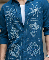 Blue Linen Blend Embroidery Shirt