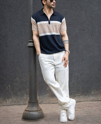 Navy & Beige Knit Stripe T-Shirt 100% Cotton