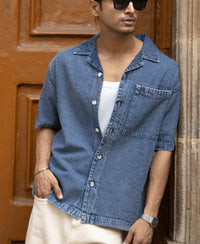Dark Blue Washed Boxy Denim Shirt