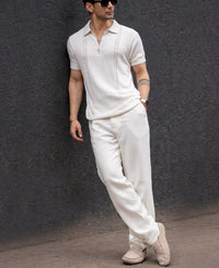 White Structured Knit Zipper T-Shirt 100% Cotton
