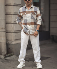 Beige Regular Fit Full Sleeve Shirt With Double Flap Pocket