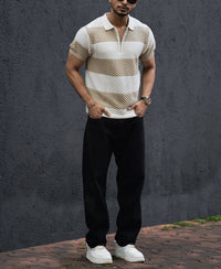 Off White Structured Striped Regular Half Sleeves T Shirt 100% Cotton