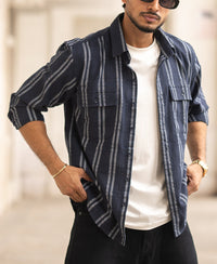 Navy Blue Striped Regular Fit Full Sleeves Shirt