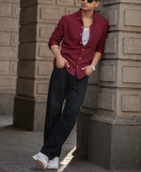 Maroon Corduroy Regular Full Sleeves Shirt