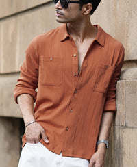 Russet Brown Structure Knit Shirt 100% Cotton