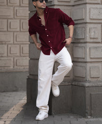 Wine Corduroy Regular Fit Full Sleeves Shirt 100% Cotton