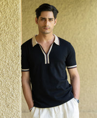 Black Contrast Collar Knit T-Shirt 100% Cotton