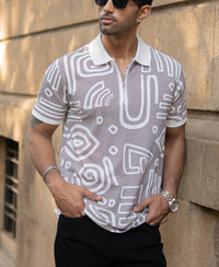 Grey Contrast Printed Polo T-Shirt 100% Cotton