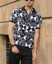 Black Geometric Knit Polo T-Shirt 100% Cotton