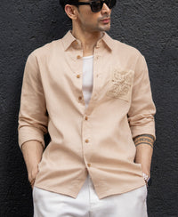 Beige Linen Crochet Patch Shirt