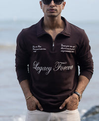 Brown Embroidered Quarter Zip T-Shirt