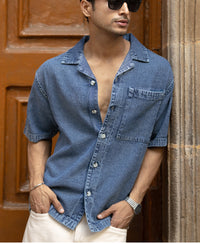 Dark Blue Washed Boxy Denim Shirt