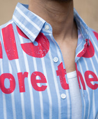 Blue Slogan Print Stripe Shirt 100% Cotton
