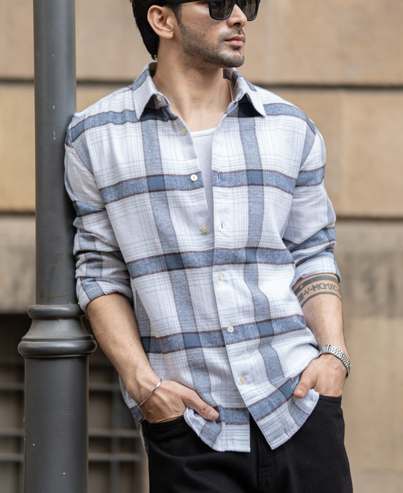Grey Structured Checked Shirt 100% Cotton