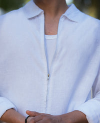 White Linen Blend Zipper Shirt