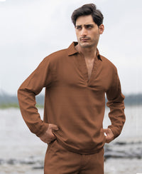 Brown Structured Cotton Kurta Shirt
