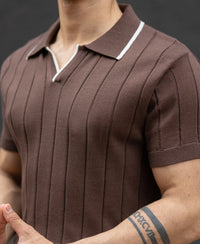 Brown Structured Knit Polo T-Shirt 100% Cotton