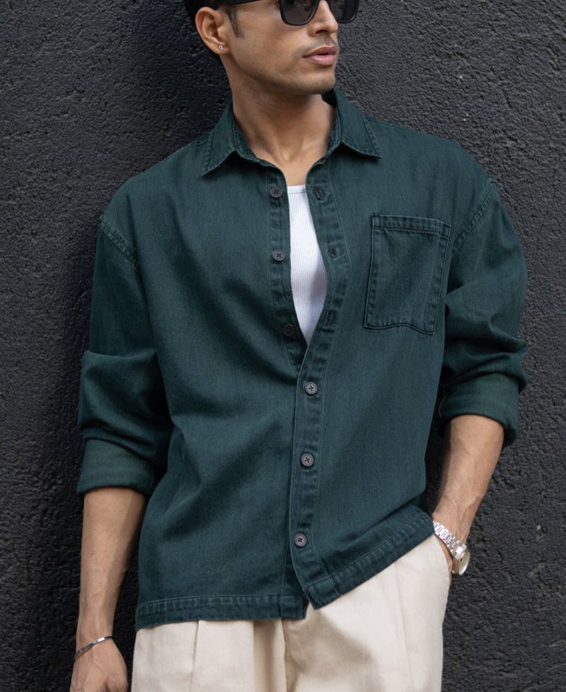 Dark Green Over Dyed Denim Shirt 100% Cotton