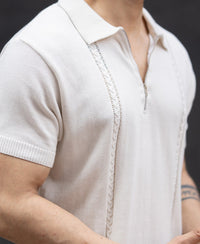 White Structured Knit Zipper T-Shirt 100% Cotton