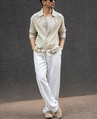 Beige Floral Embroidery Shirt 100% Cotton