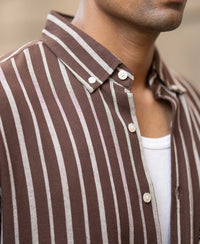 Brown Linen Blend Stripe Shirt