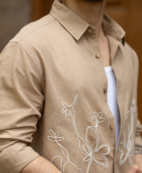 Beige Linen Blend Embroidery Shirt