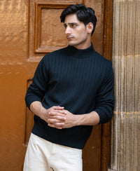 Black Structure Stripe High Neck T-Shirt