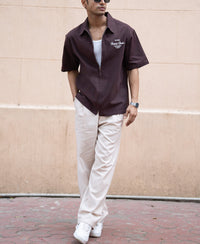 Brown Embroidered Boxy Shirt 100% Cotton