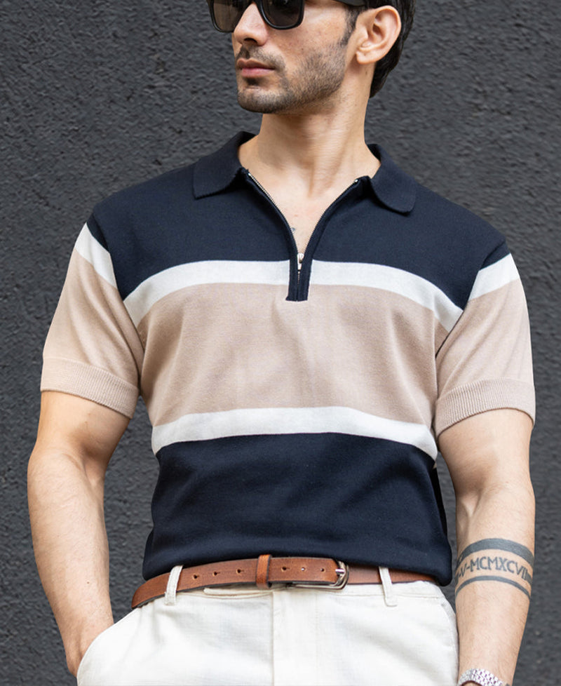 Navy & Beige Knit Stripe T-Shirt 100% Cotton