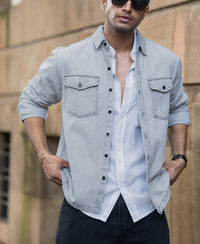 Grey Denim Shacket With Pockets 100% Cotton
