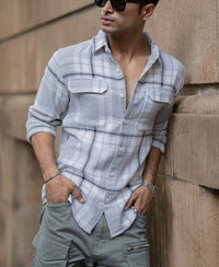 Light Grey Structured Checks Shacket Oversize Drop Shoulder Shirt