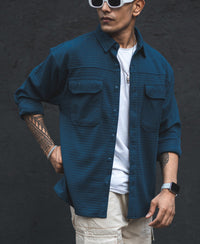 Teal Blue Structured Knit Shacket Oversized Shirt