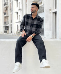 Charcoal Black Checks Structured Oversize Drop Shoulder Shirt