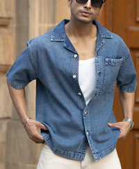 Dark Blue Washed Boxy Denim Shirt