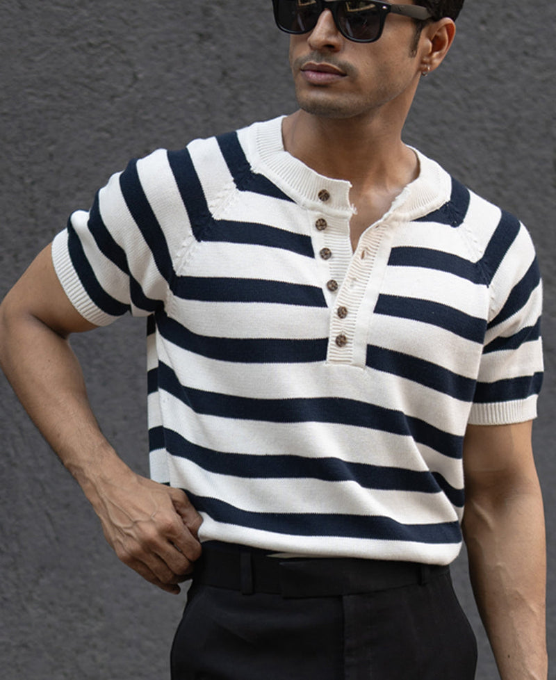 Navy Striped Raglan T-Shirt 100% Cotton