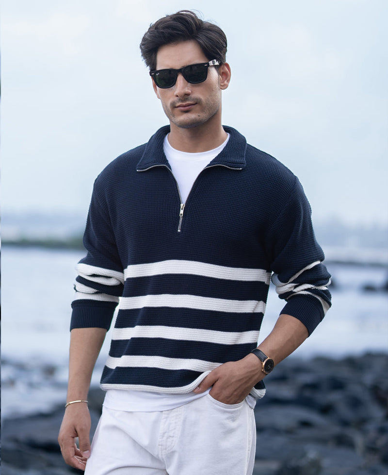 Navy Striped Zipper Neck T-Shirt 100% Cotton