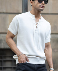 White Knitted Regular Fit Henley T-Shirt 100% Cotton