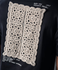 Black Crochet Patch Embroidered T-Shirt 100% Cotton