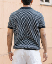 Black Jacquard Knit Polo T-Shirt 100% Cotton