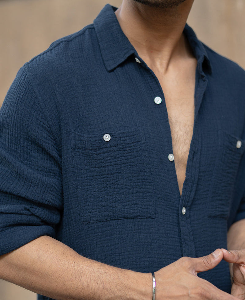 Navy Crinkled Shirt With Pockets 100% Cotton
