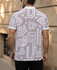 Grey Contrast Printed Polo T-Shirt 100% Cotton