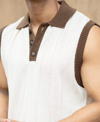 Cream Contrast Collar Knit Sando