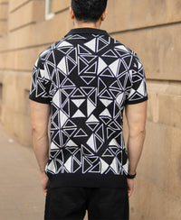 Black Geometric Knit Polo T-Shirt 100% Cotton