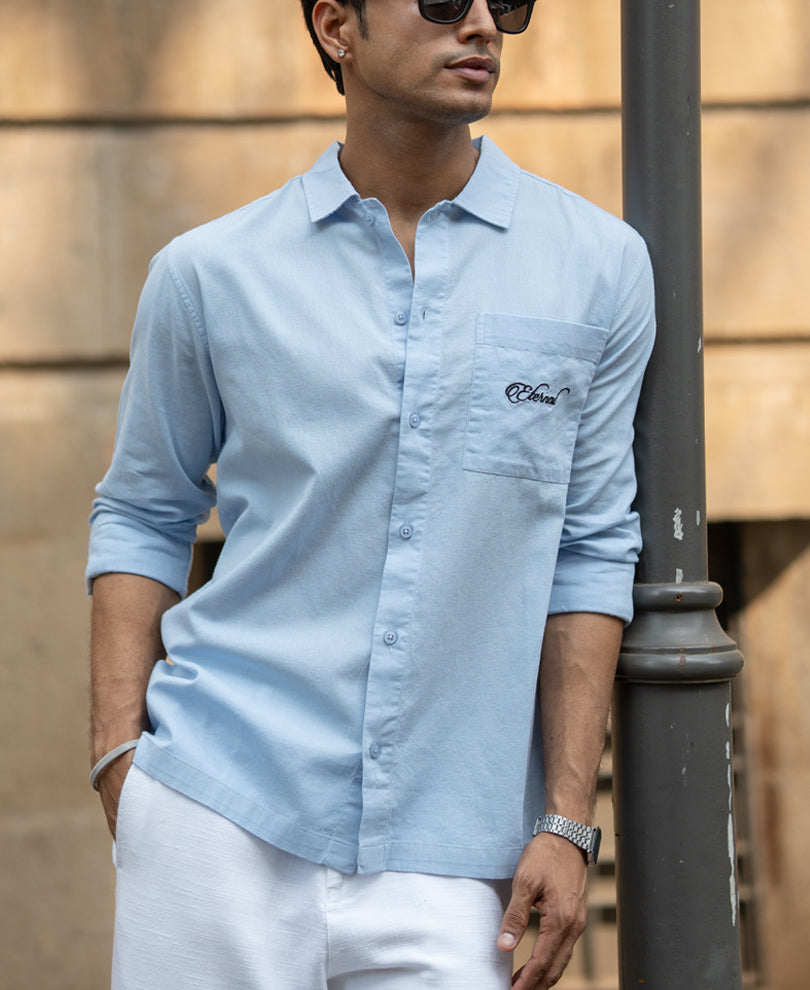 Blue Linen Blend Embroidered Shirt