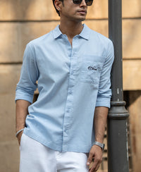 Blue Linen Blend Embroidered Shirt