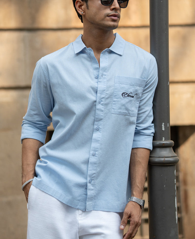 Blue Linen Blend Embroidered Shirt