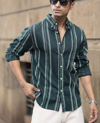 Dark Green Stripped Button Down Shirt 100% Cotton