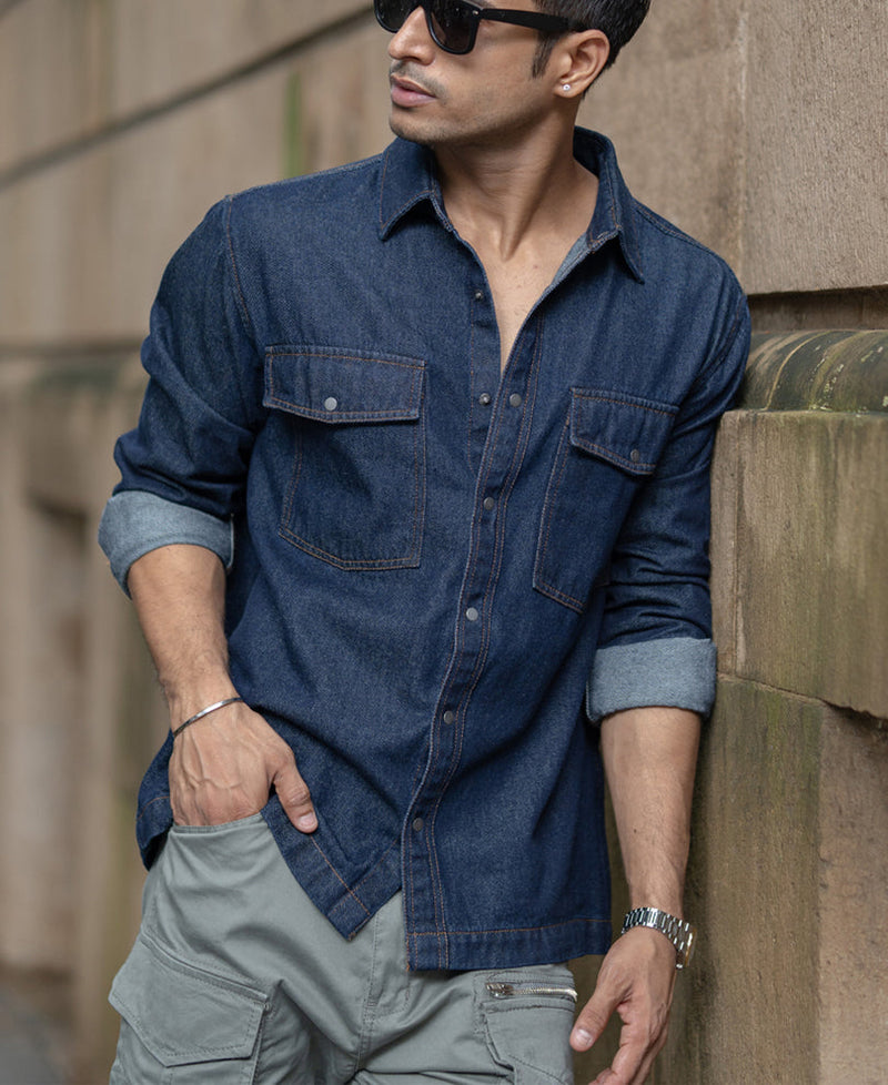 Indigo Denim Overshirt With Pockets 100% Cotton