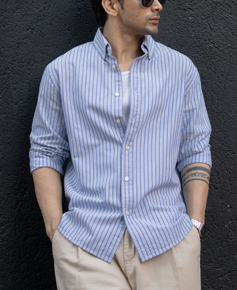 Blue Oxford Stripe Buttondown Shirt 100% Cotton