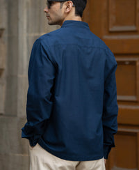 Navy Embrpoidery Linen Blend Shirt